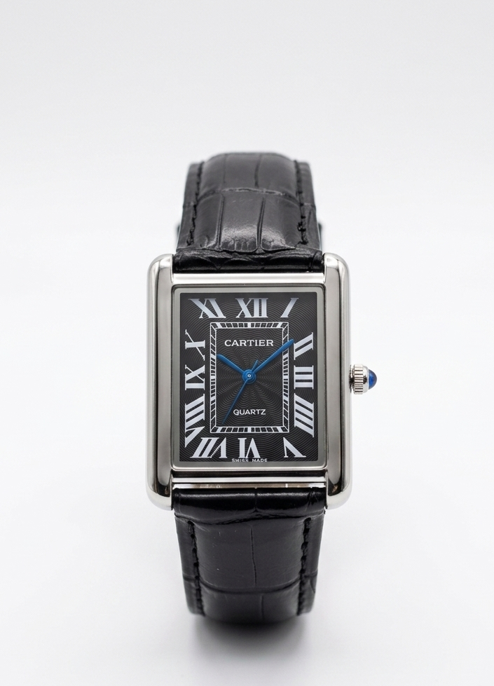 Cartier Tank Style Luxury Square Dial Watch – Black Roman Dial Leather Strap