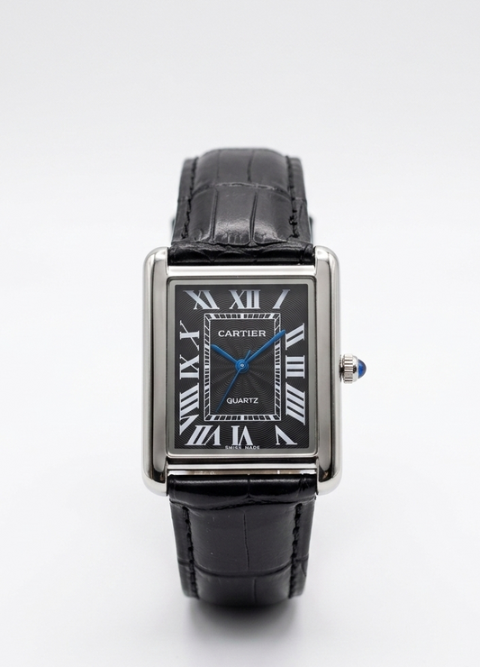 Cartier Tank Style Luxury Square Dial Watch – Black Roman Dial Leather Strap