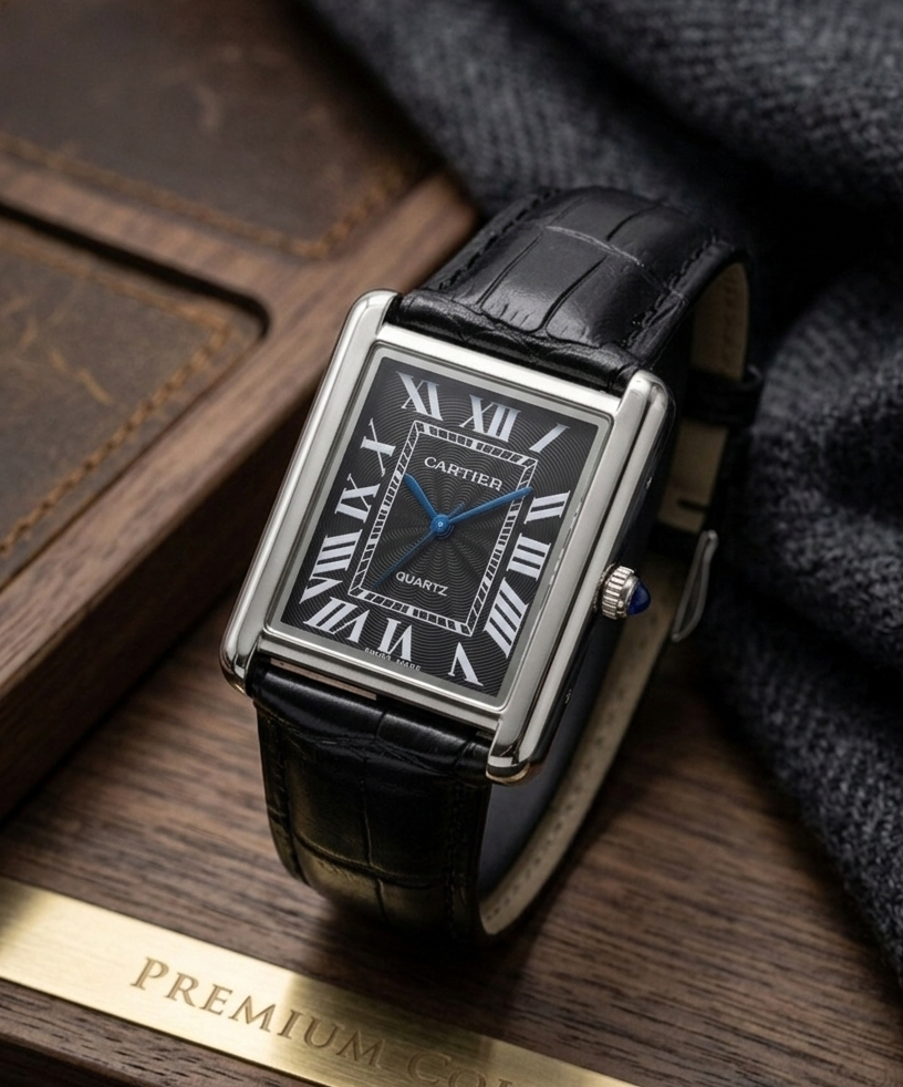 Cartier Tank Style Luxury Square Dial Watch – Black Roman Dial Leather Strap